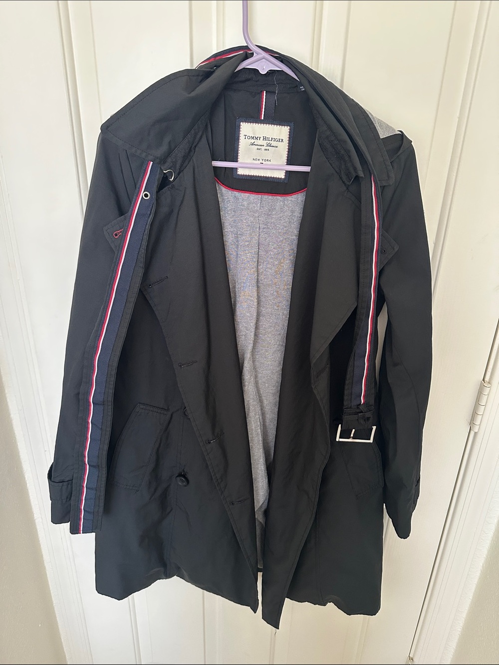 Tommy Hilfiger Women’s Black Trench Coat with Signature Stripe